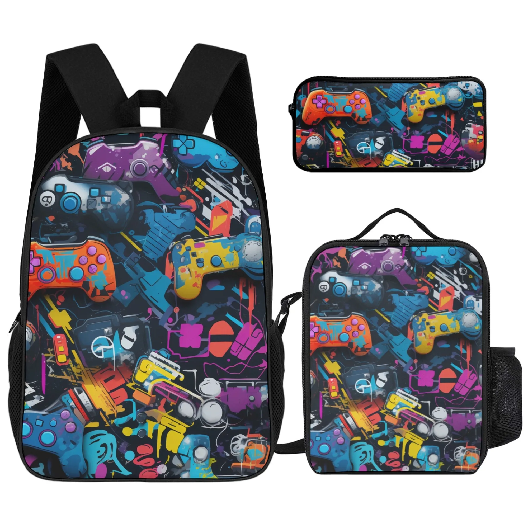 

16in cartoon printed backpack&lunch box&pencil case three piece set, lightweight material easy to wipe, suitable for school use