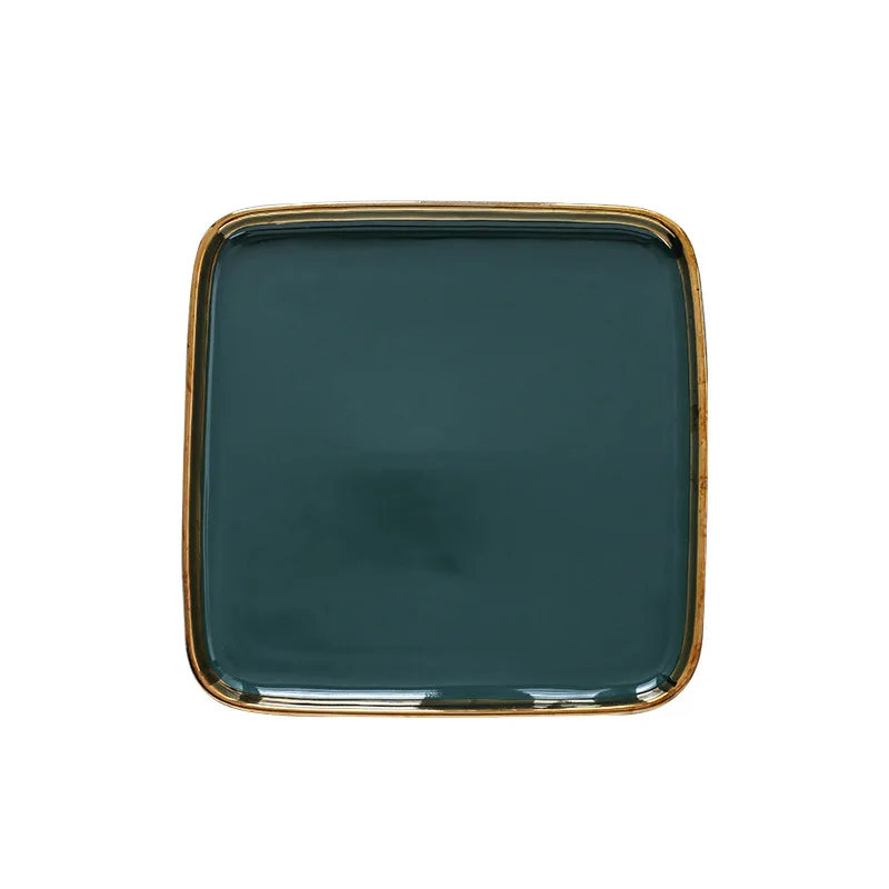 Modern Luxury Dark Green Ceramic Dinner Plate Dinner Cooking Dishes Home Golden Border Porcelain Steak Pasta Plate Tableware Set