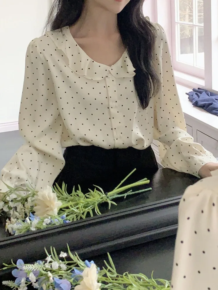 Chique polka dot satijnen ronde ne blouse voor dames basislaag irt Koreaanse Sle lente herfst winter vrijetijdskleding