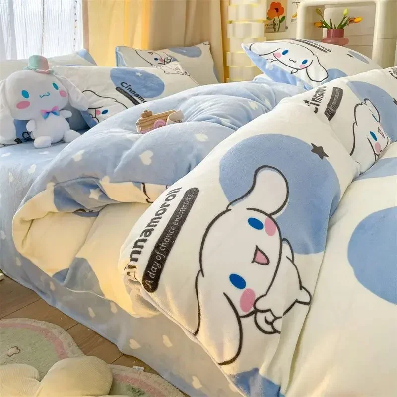 Sanrio cartoon Kuromi Cinnamoroll My melody cute children's winter comfortable and soft double-sided milk velvet four-piece set