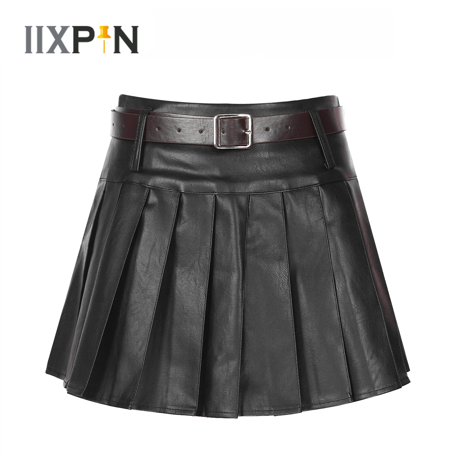 

Womens Faux Leather Pleated Skirt Fashion High Waist Built-in Shorts Skirts With Adjustable Belt Clubwear Party Street Dancewear