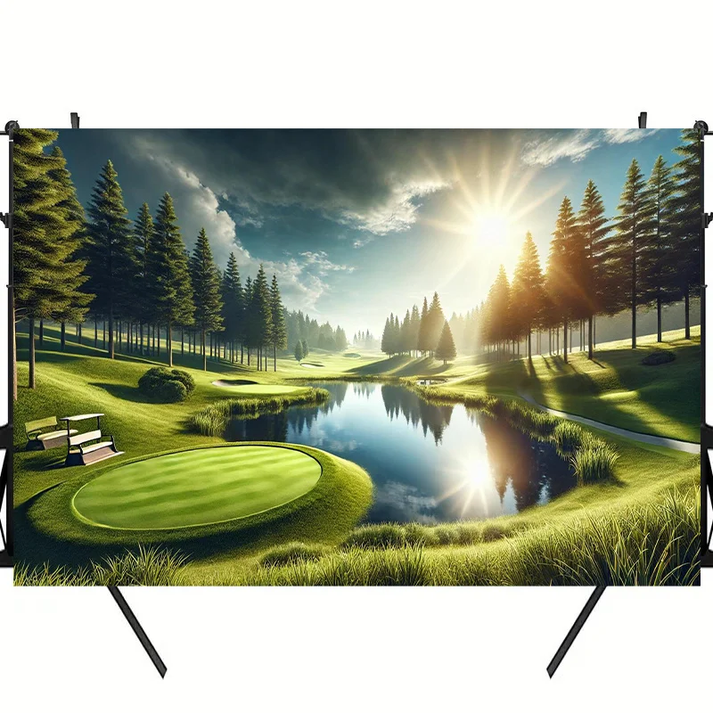 1pc,Green Golf Course Lake Pine Trees Sunrise 2D Flat Tapestry Backdrop For Living Room Decor Nature Sport Wall Hanging Art