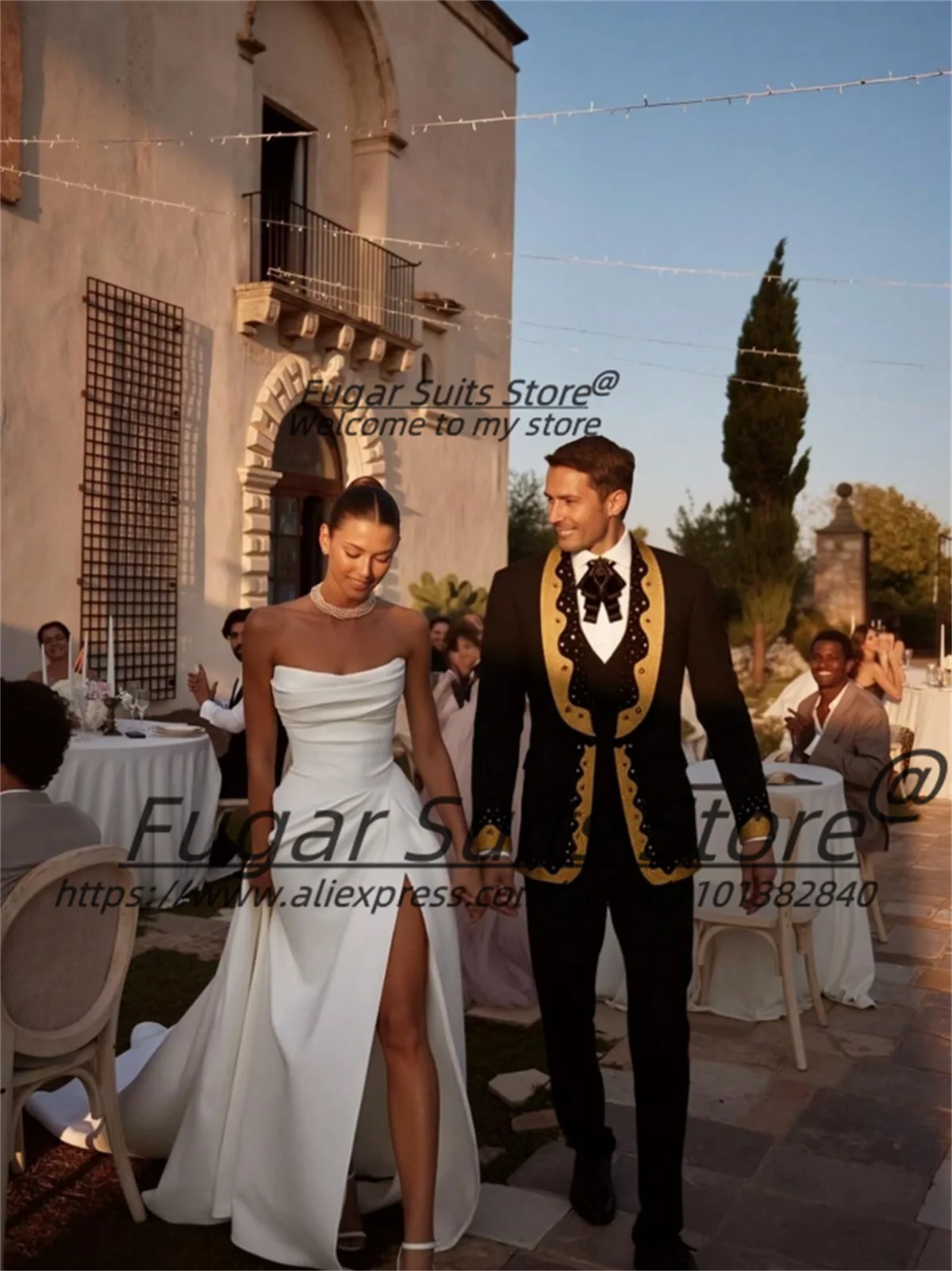 

Luxuly Golden Diamond Shawl Lapel Groom Wedding Tuxedos Customized Slim Fit Shiny 2Pieces Sets Male Party Blazers Costume Homme