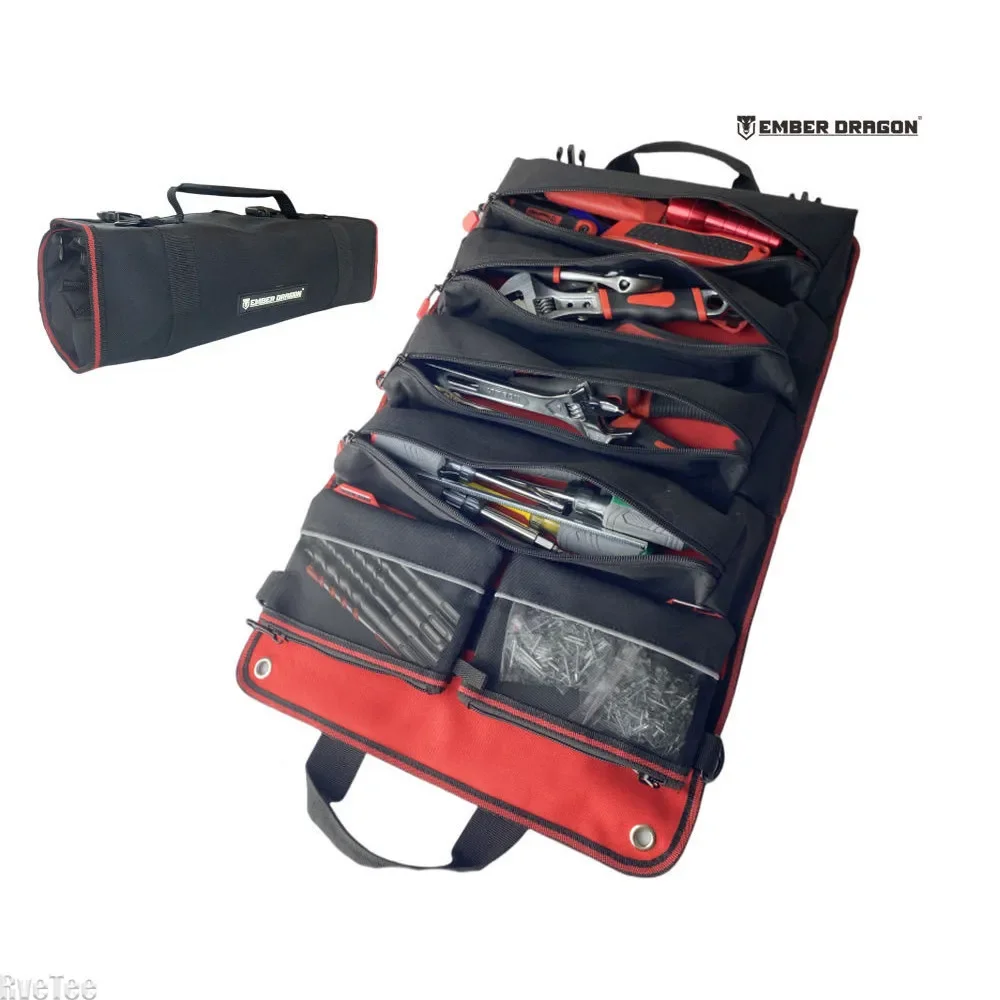 

New Ember Dragon Roll Up Tool Bag with 2 Pcs Mesh Bag 4pcs Zippered Bag for Electrician Tools Car Storage Organizer Man Gift