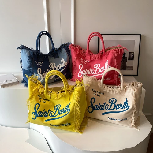 Imagen 2 del producto Bolso de mano con estampado vaquero a la moda, bolsos de hombro de gran capacidad para ir al trabajo, bolso de lona con borlas hecho a mano para playa y verano para mujer