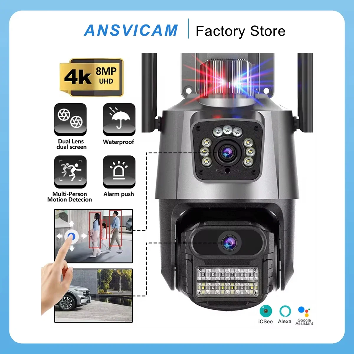 ansvicam camera de vigilancia de seguranca a prova dagua lente dupla cctv protecao ip luz policial alarme wifi 4k 8mp 01