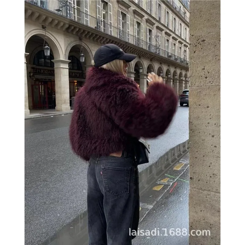 Luxury Brand Fluffy Crop Faux Fur Women's Winter Warm Long-Sleeved Top Lapel Jacket Soft Wine Red Fur Coat Faux Fur Coat Tops