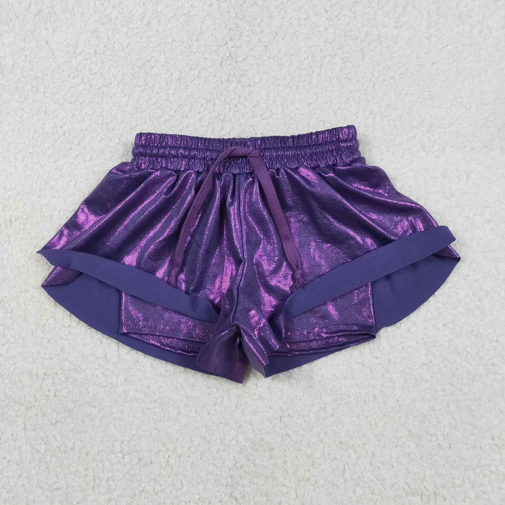 Wholesale Girls Children Toddler Boutique Purple Clothing Baby Girl Kids Leather Shorts Elastic Waist Ruffle Bottom