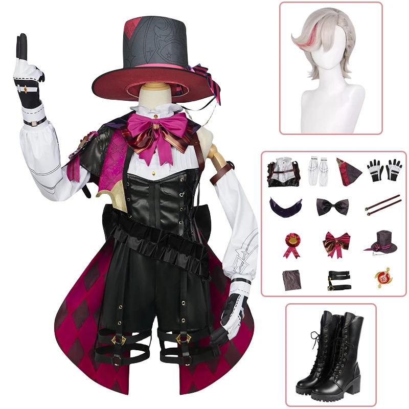 Game Genshin Impact Lyney Cosplay Costume Wig Shoes Fontaine Leather Magician Uniform Hat Halloween Carnival Outfit