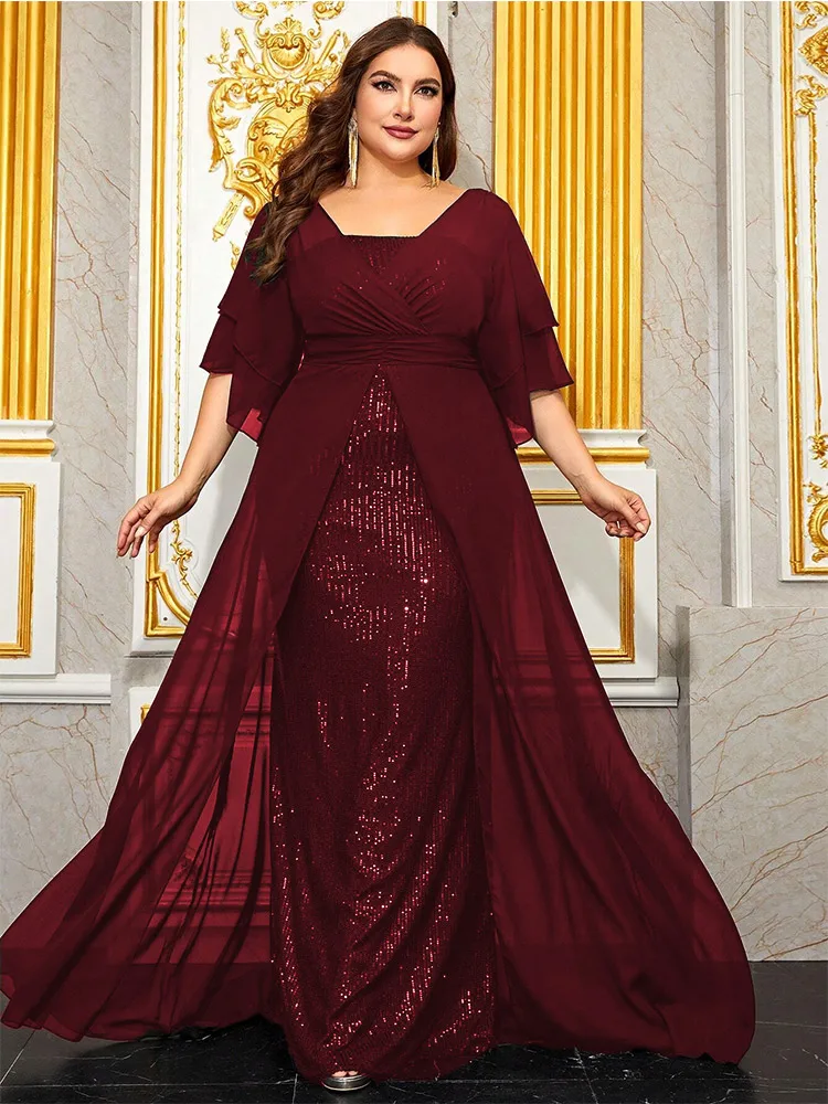 Plus Size 4XL 5XL  V-Neck Short-Sleeved Chiffon Shiny Sequin Floor-Length Luxury Evening Dress 4xl5xl Bridesmaid Evening Dress