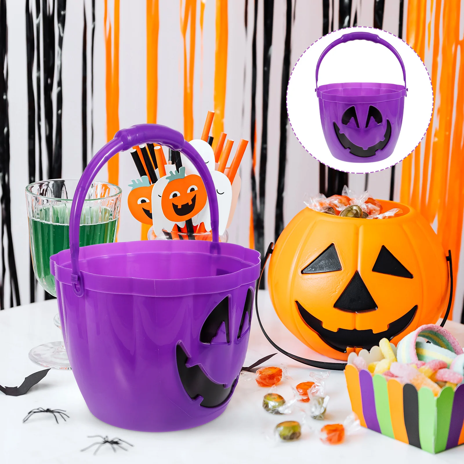 Cubo de mano brillante de calabaza para niños, suministros de fiesta de Halloween, cubos de plástico para dulces, portátil