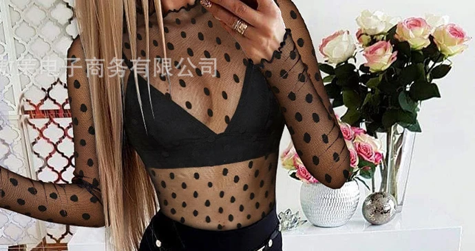 Dames Lente Zomer Polka Print Mock Neck T-shirt Sexy Sheer Mesh Slim Fit Blouse Top