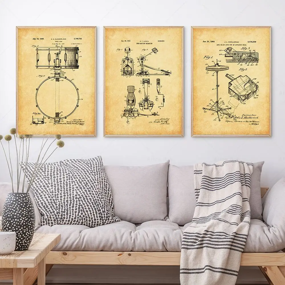 خمر الغيتار طبل مخطط الملصقات آلة موسيقية براءات الاختراع رسم حائط لوح رسم الفن هدية لديكور استوديو الموسيقى #2