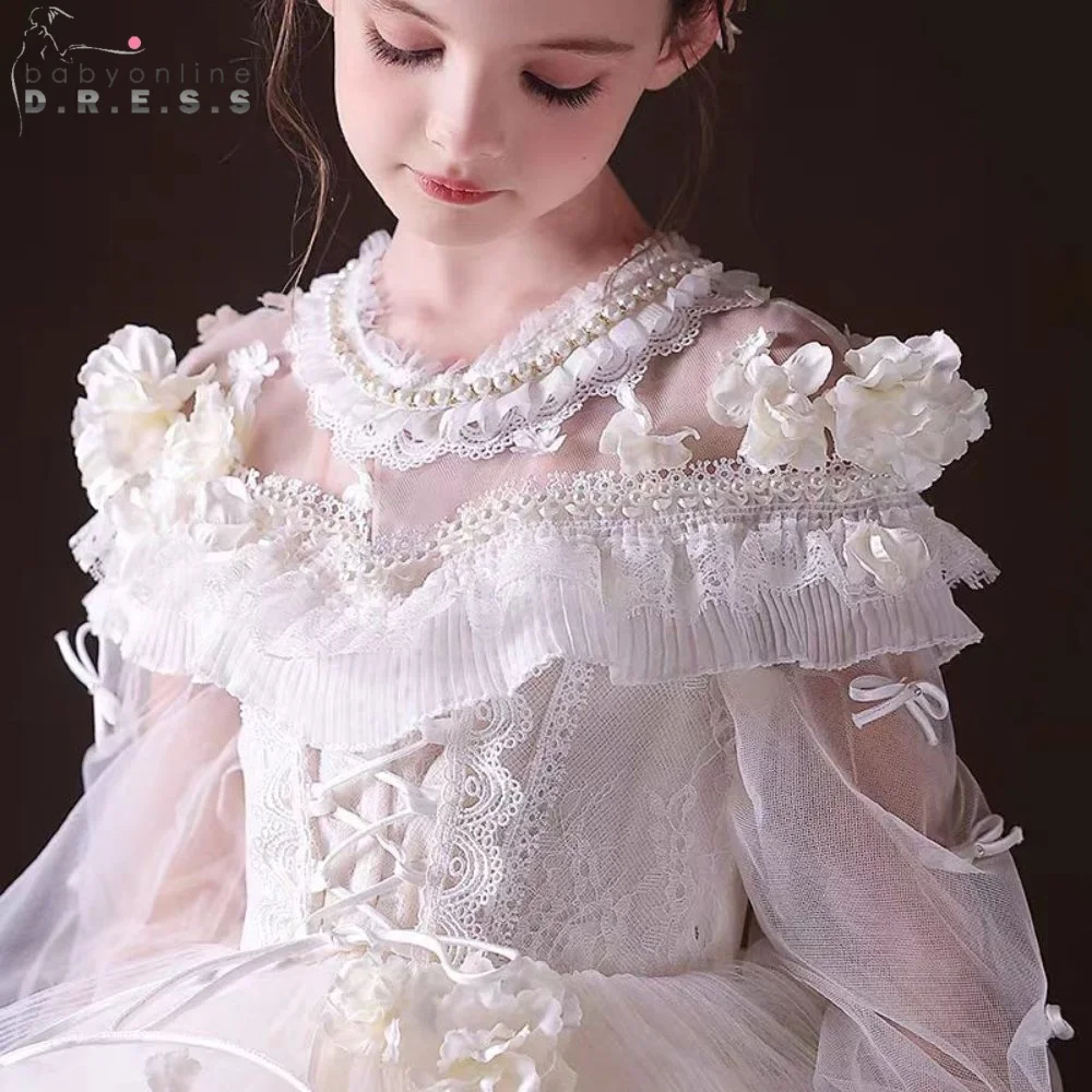 BABYONLIN Customized Communion Ceremony Flower Girl Dress O-neck Long Sleeve Tiered Tulle A-line Skirt Floral Cute Boho Gown