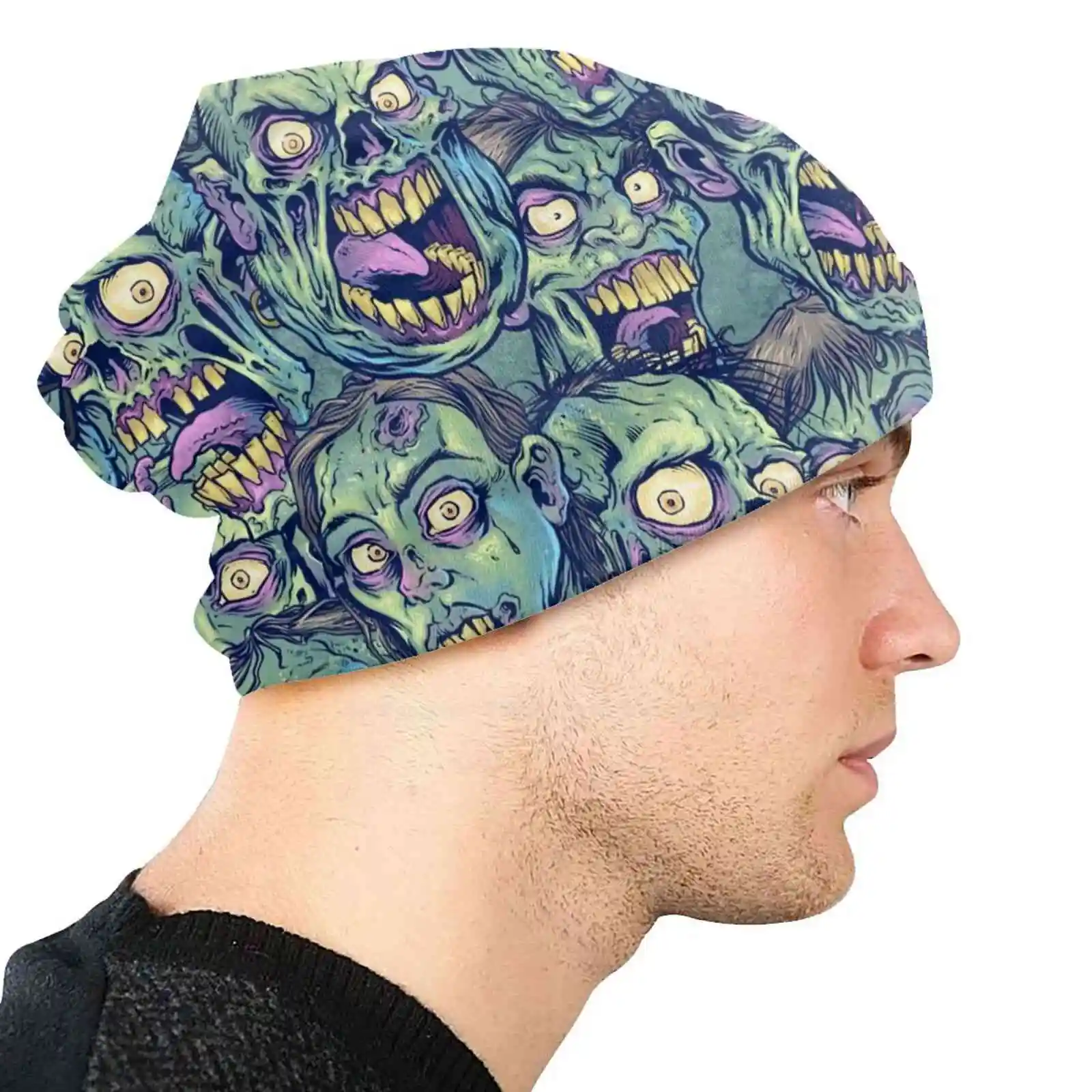 Zombie Repeatable Pattern Knitted Hat Warm Beanie Outdoor Caps Licensing Zombie Pattern Angry Cartoon Evil Green Brian Allen