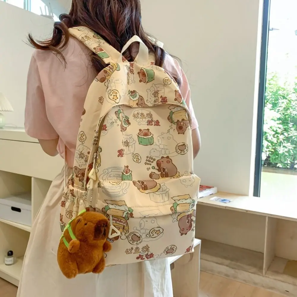 Large Capacity Capybara Backpack Korean Style Animal Capibara Shoulder Bag with Pendant Cartoon Capybara School Bag Outdoor