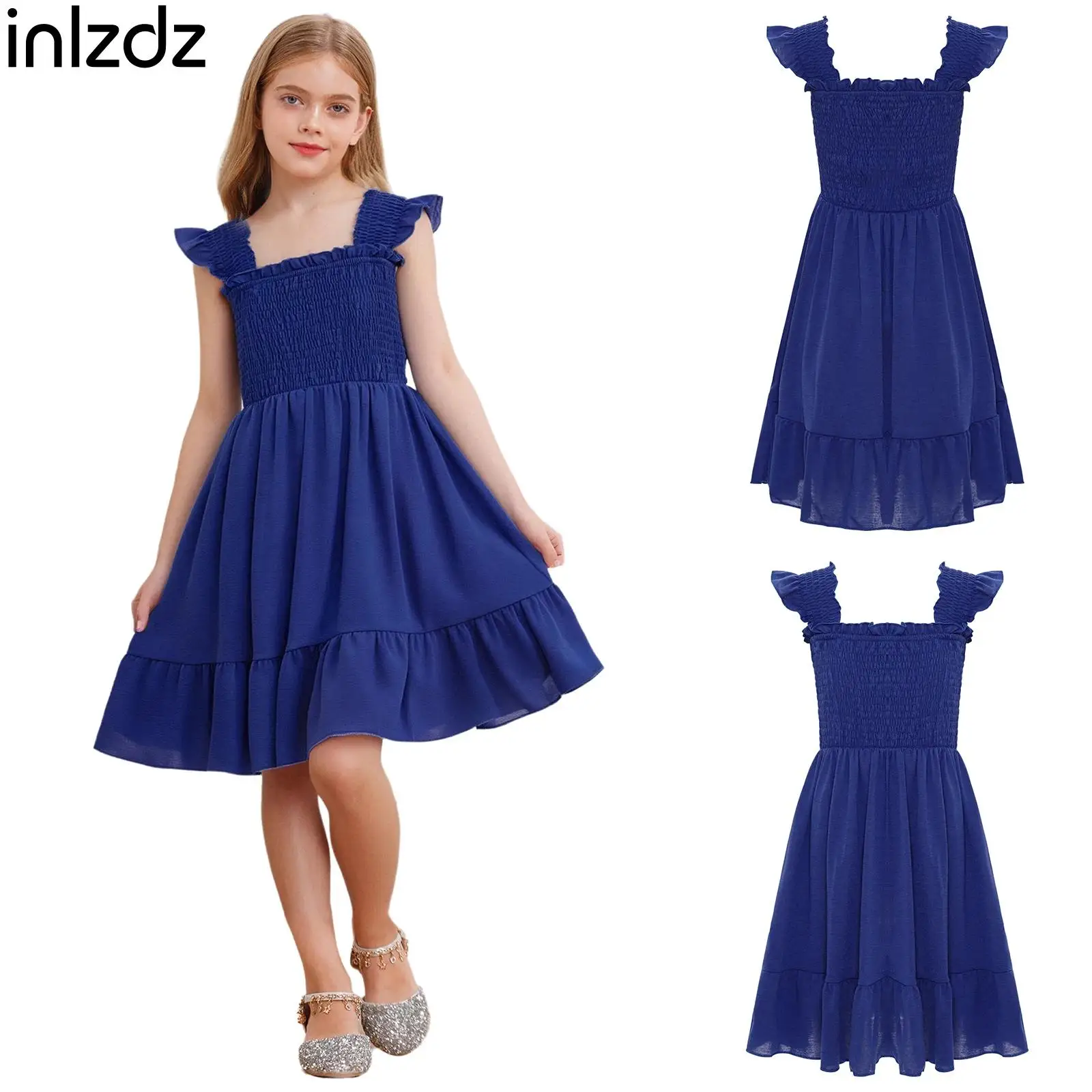 

Kids Girls Fashion Square Neck Ruffle Sleeves Smocked Bodice A-Line Solid Color Dress for Casual Holiday Vacation Party Picnic