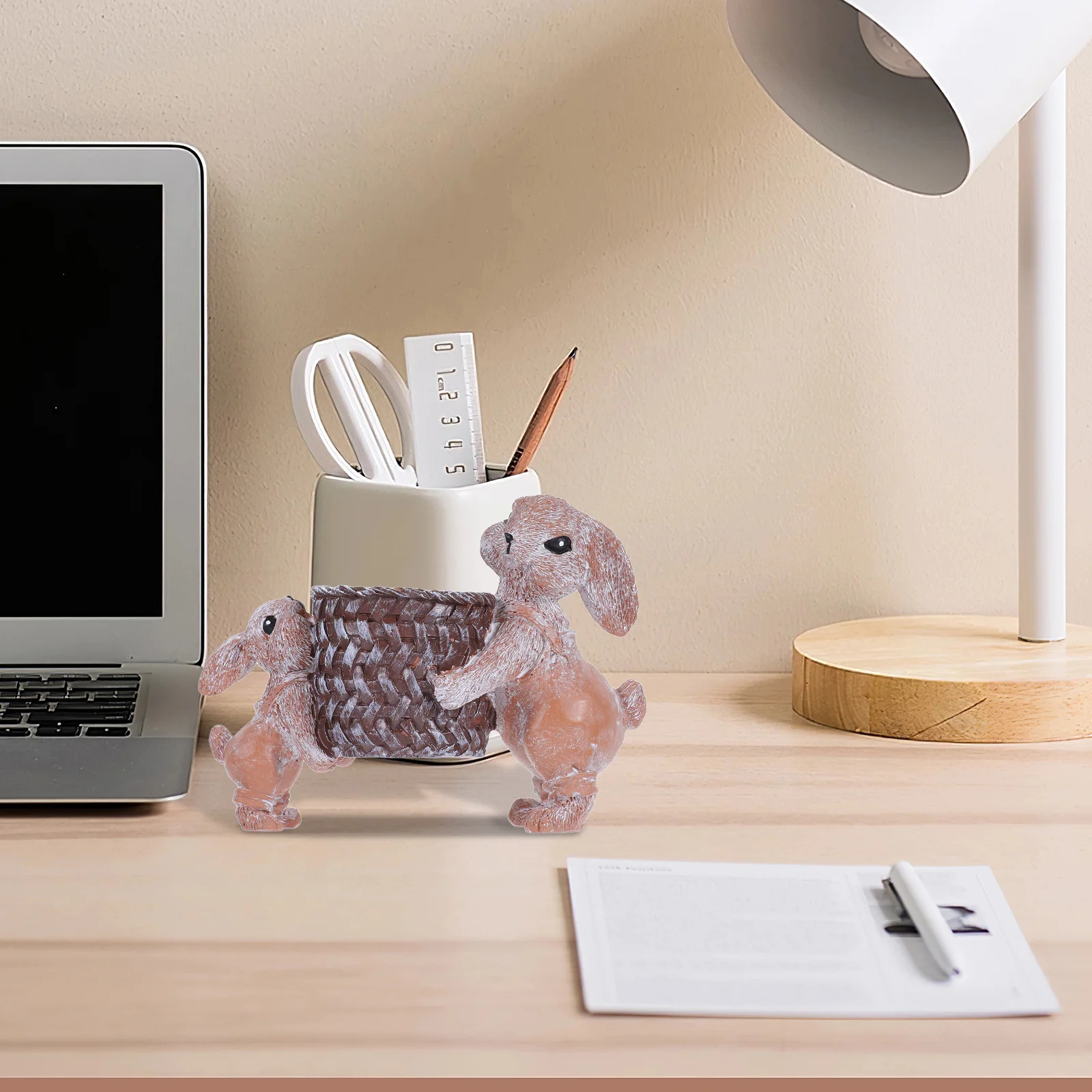 Cute Resin Bunny Pen Holder Easter Rabbit Desk Organizer with Realistic Bamboo Basket Desktop Storage Container