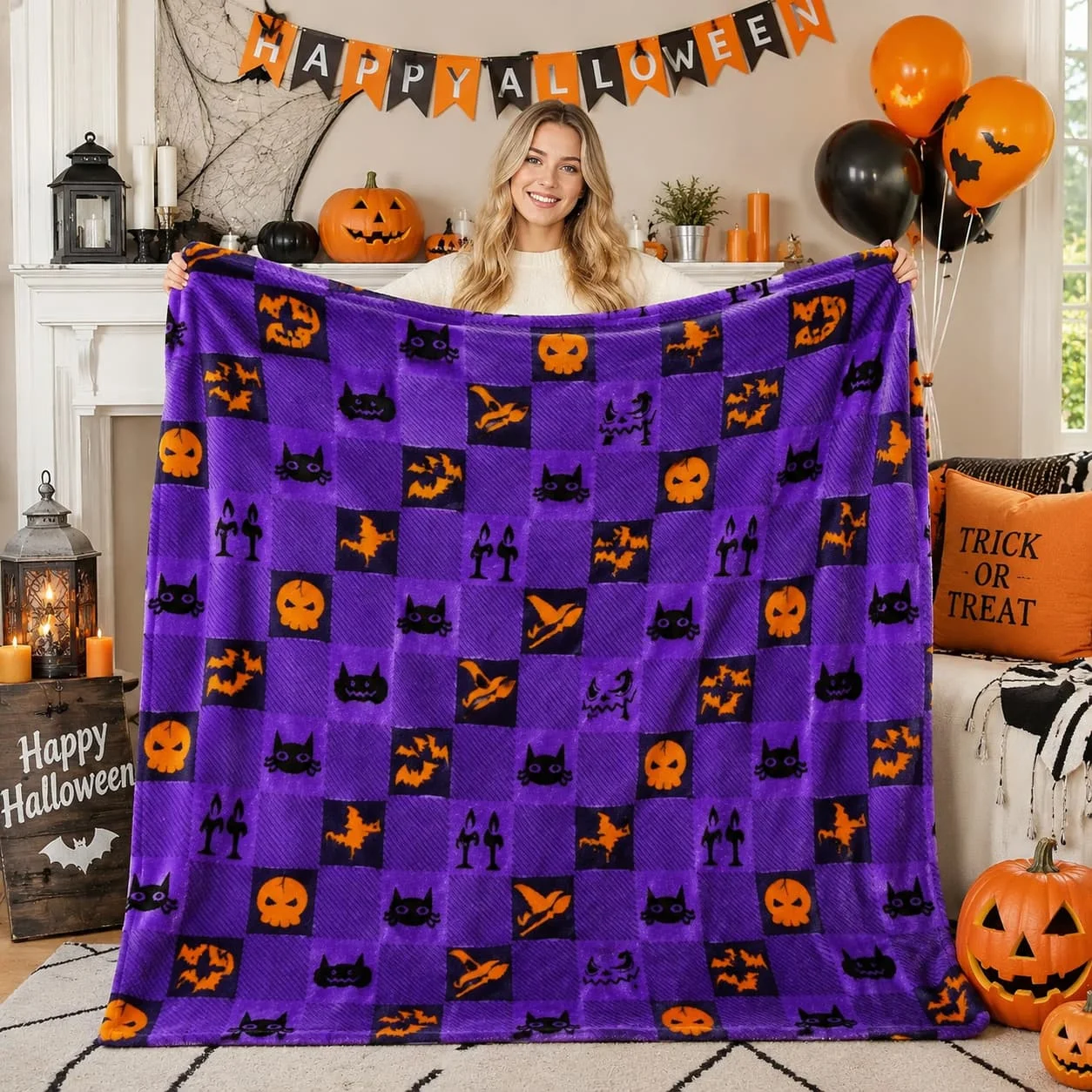 Touchat Halloween Blanket, Fleece Throw Blankets, Checkered Throw, Purple