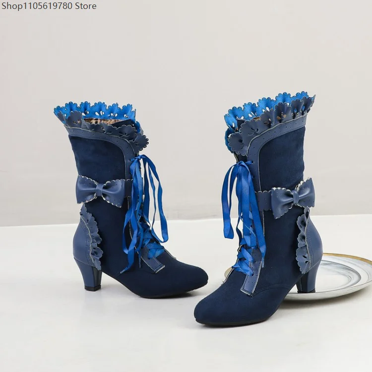 Women Ribbon Ankle Knight Boots Ruffle Bow Design Plus Size Autumn Fashion Footwear Ideal For Overseas Cosplay Carnival Wear 4