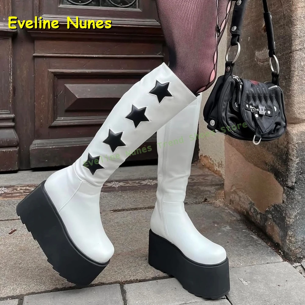 Y2K White Star Pattern Platform Long Boots for Women Gothic Punk Thick Sole Knee High Boots for Festival Club Wear Street Style