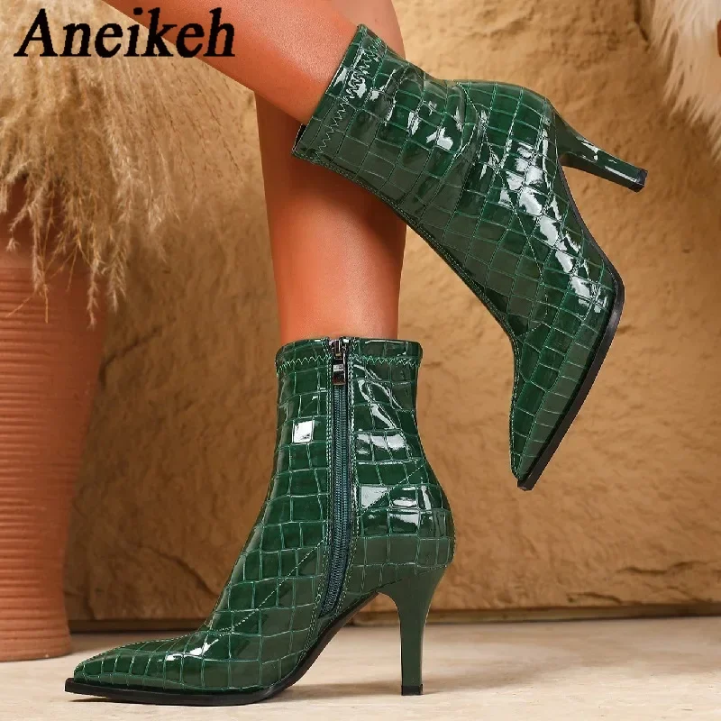 Aneikeh 2027 Spring Autumn Pointed Toe Thin High Heels Women Ankle Boots Fashion Snake Pattern Short Booties Zipper Shoes