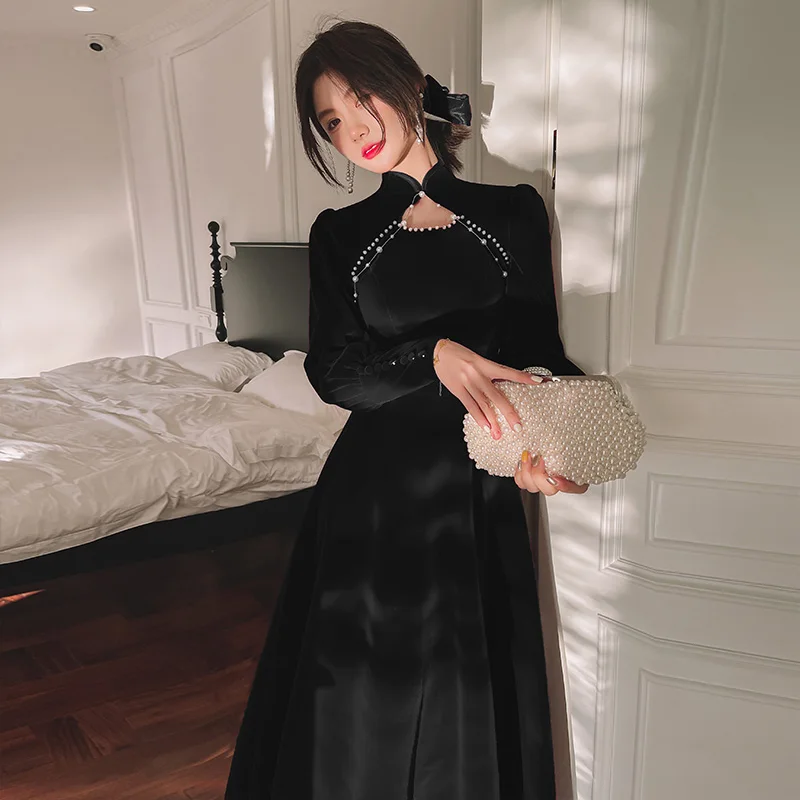 

Ele Chinese Sle Winter Dr Women's Host New Year's Evening Gown Art Exam Long Sve A-Line Skirt Polyester Fiber