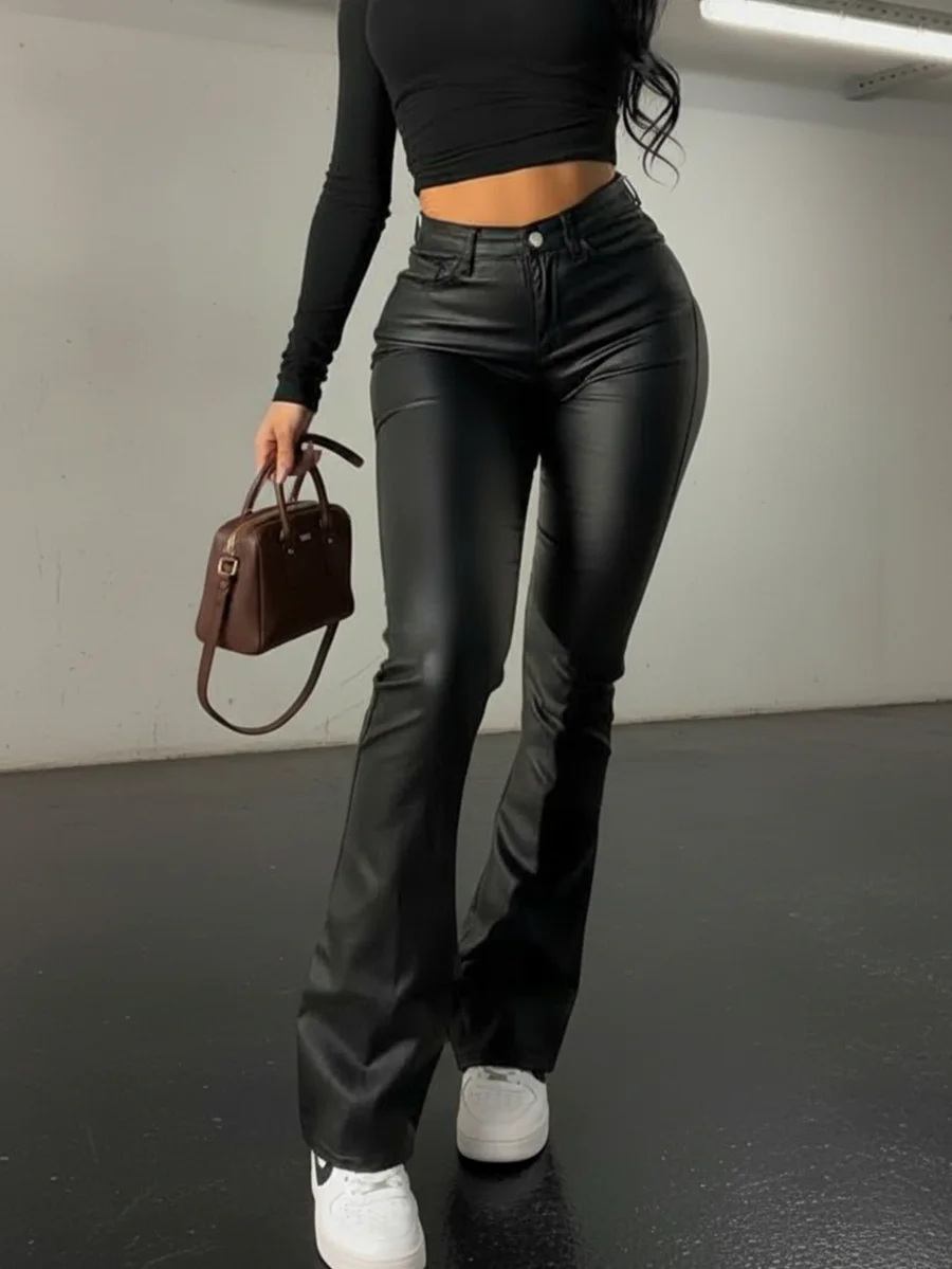 

Black Faux Leather Flared Pants, High-Waisted Slim Fit for Spring