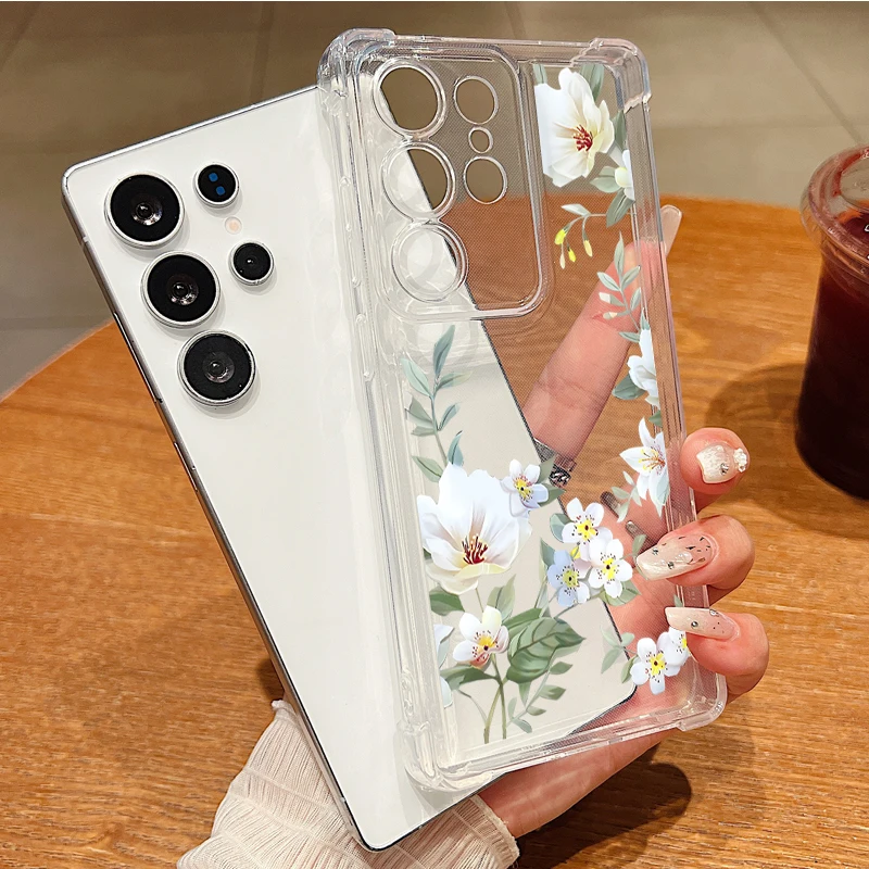 White Flower Phone Case For Samsung Galaxy A36 A56 A16 A55 A54 A15 5G S25 Edge S24 FE S25 S24 S23 Ultra S22 Plus Clear TPU Cover