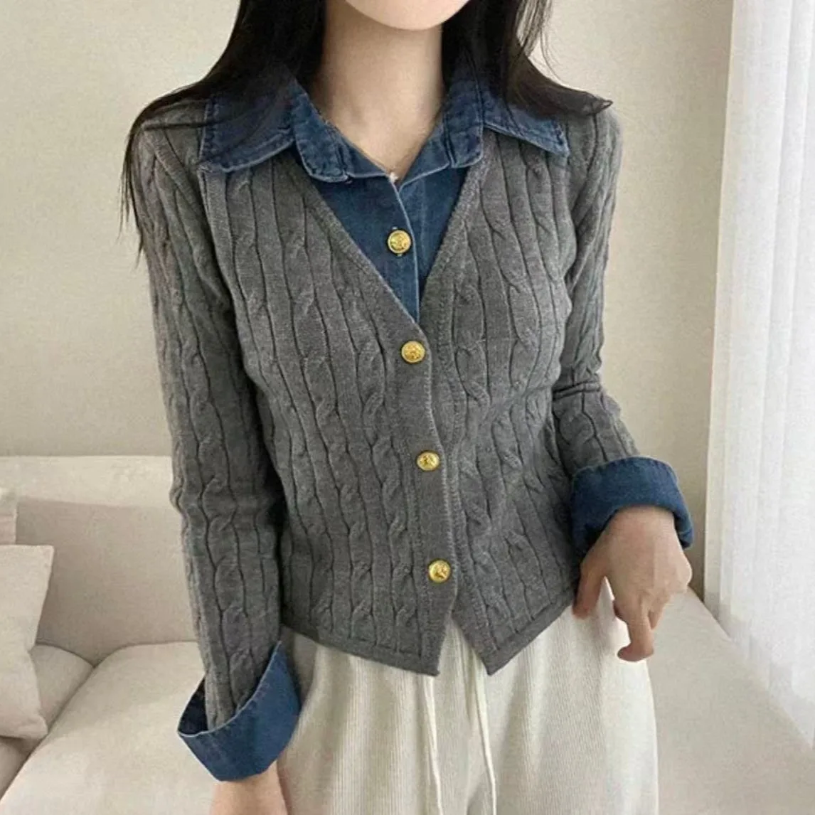 

Женский шикарный дизайнерский вязаный свитер, двухсекционный джинсовый топ с воротником-пузырьком, облегающий кардиган на одной пуговице