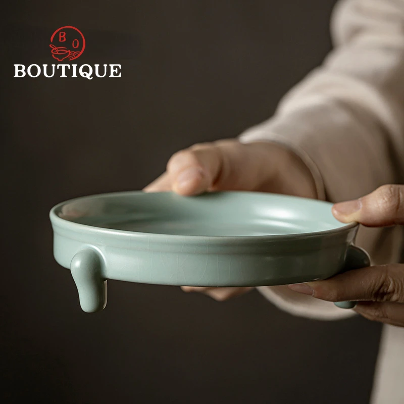 

Ru печь, трехногая тарелка для сухого пивоварения, ретро лазурный фарфоровый поднос для горшка, керамический поднос для чая гунг-фу, тарелка для фруктов