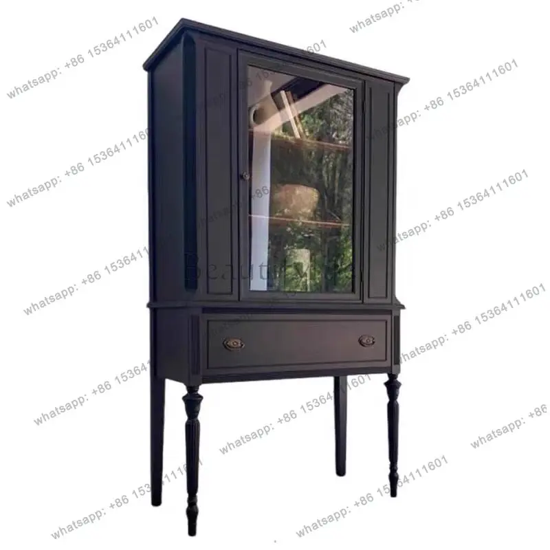 

French retro solid wood wine cabinet, living room glass door display retro dining side cabinet