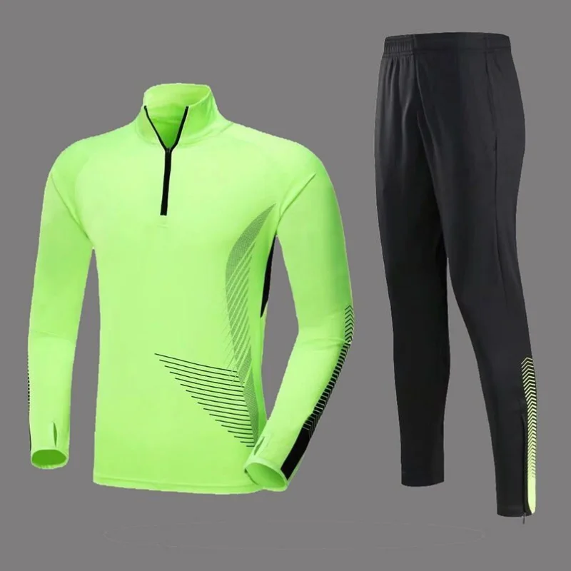 Spring Sports Set Men Stand Neck Zipper Print Elastic Waist Running Football Outdoor Training Clothes Fitness Long Sleeved Suit