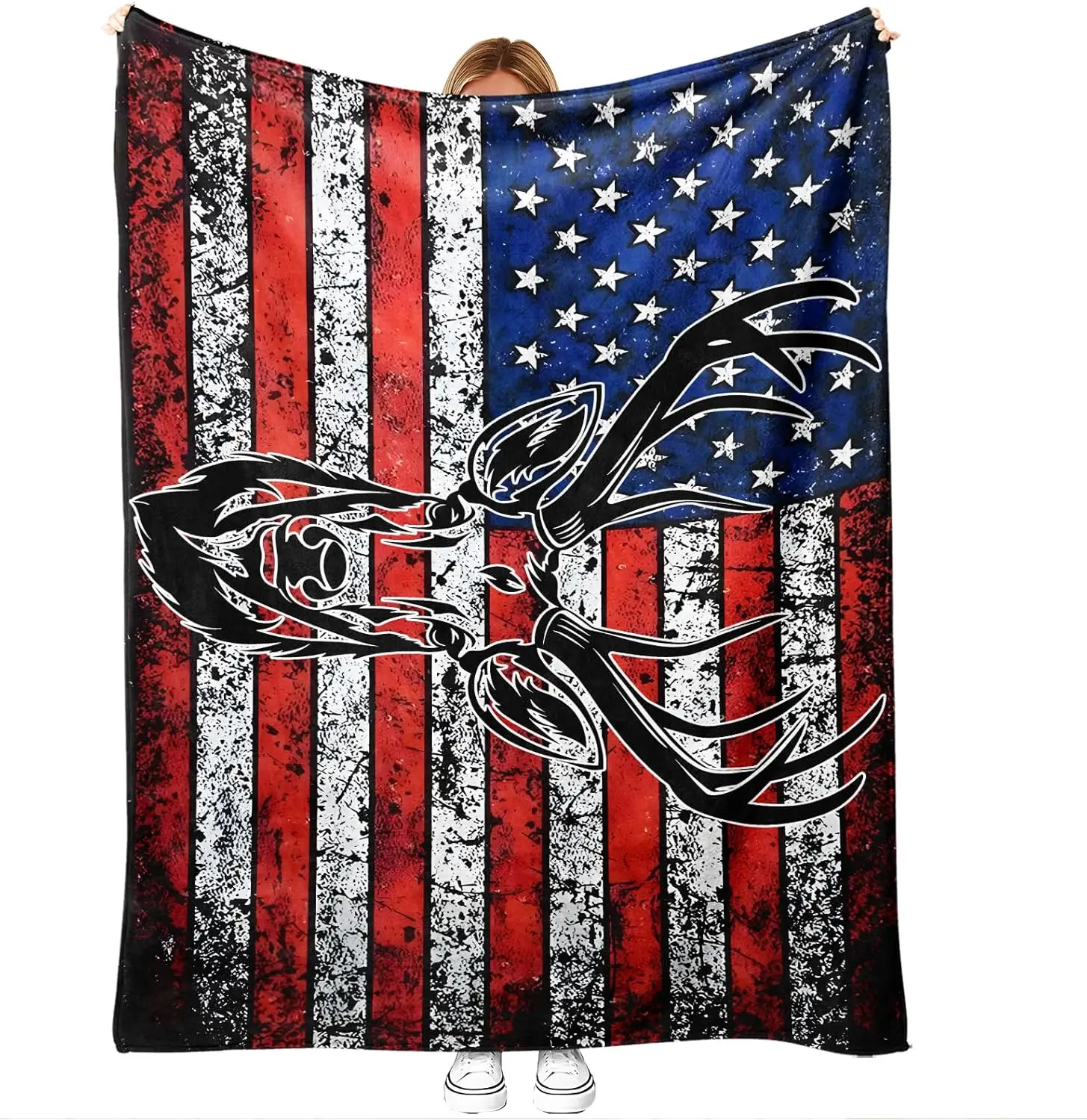 

Deer American Flag Throw Blanket Inches Ultra-Soft Flannel Patriotic Buck Antlers Artwork – Hunting Custom blankets