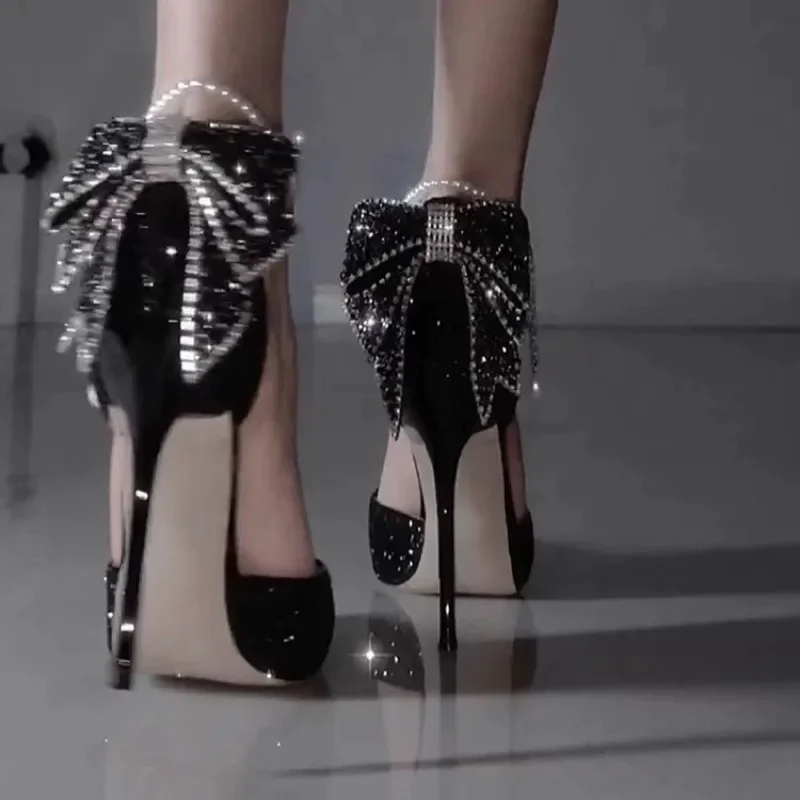 

Women's Pointy High Heels Shoes Fashion Temperament Elegant Sequin Bow High Heels Women's Fine Heel Pearl Line with Single Shoe