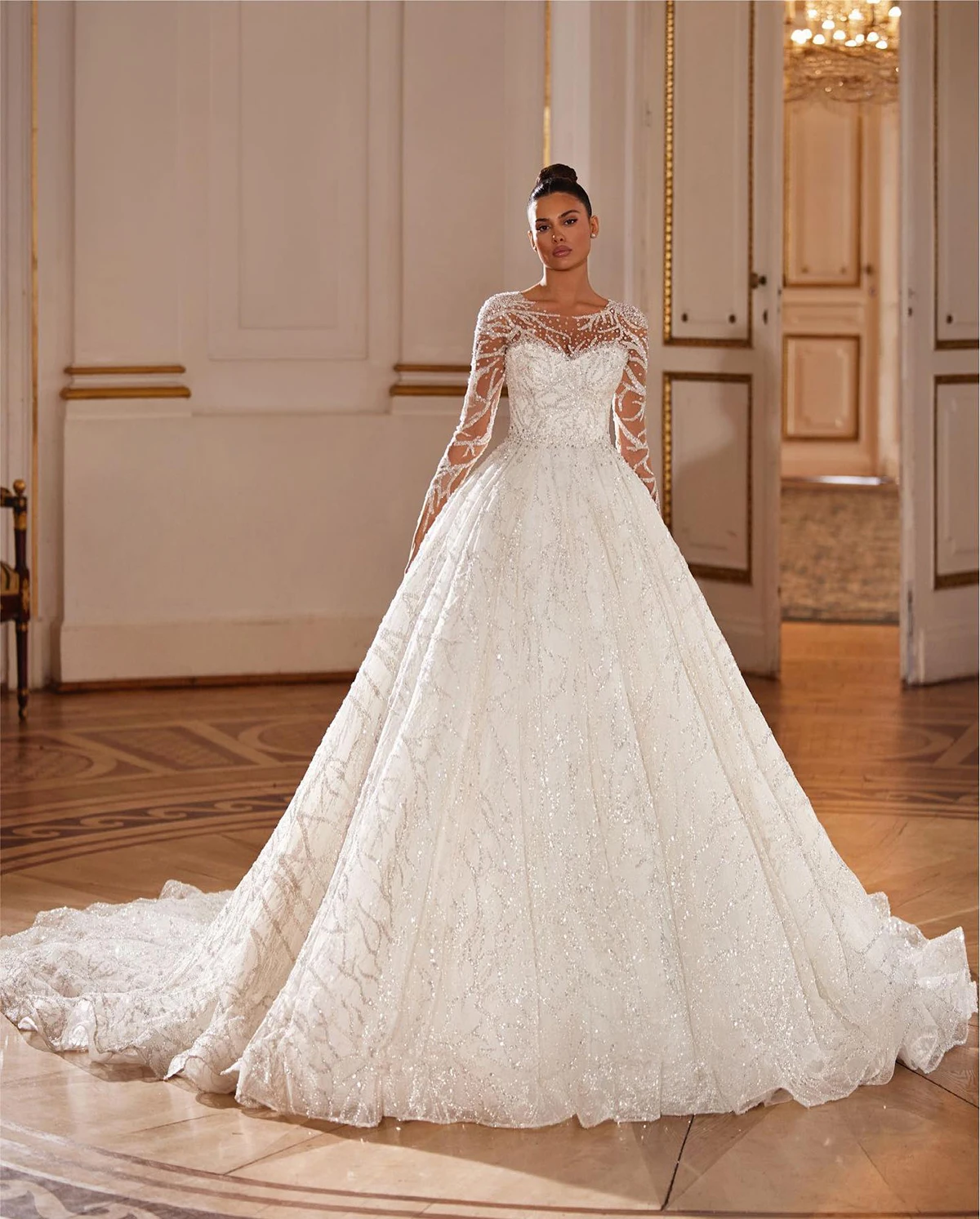 Ball Gown Wedding Dresses Long Sleeves V Neck Sequins Appliques Ruffles 3D Lace Zipper Beads Bridal Gowns Vestina De Novia