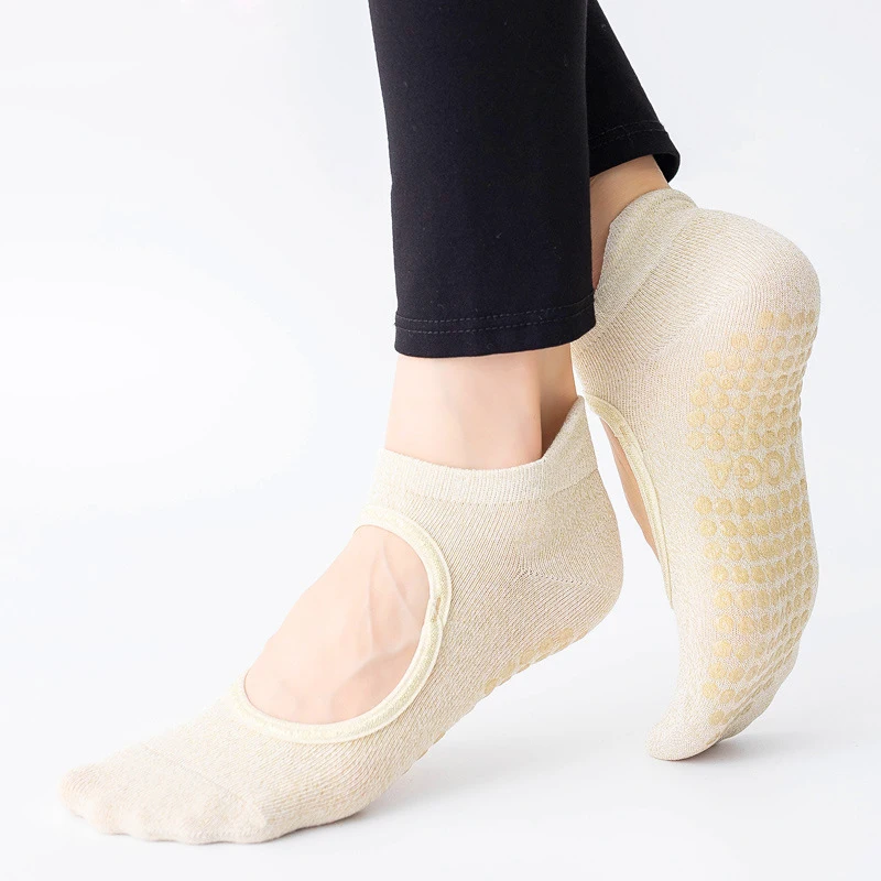 Chaussettes rondes en soie dorée pour femmes, dos nu, respirantes, à paillettes, colorées, brillantes, Yoga, coton, sport, Ballet, danse, Pilates