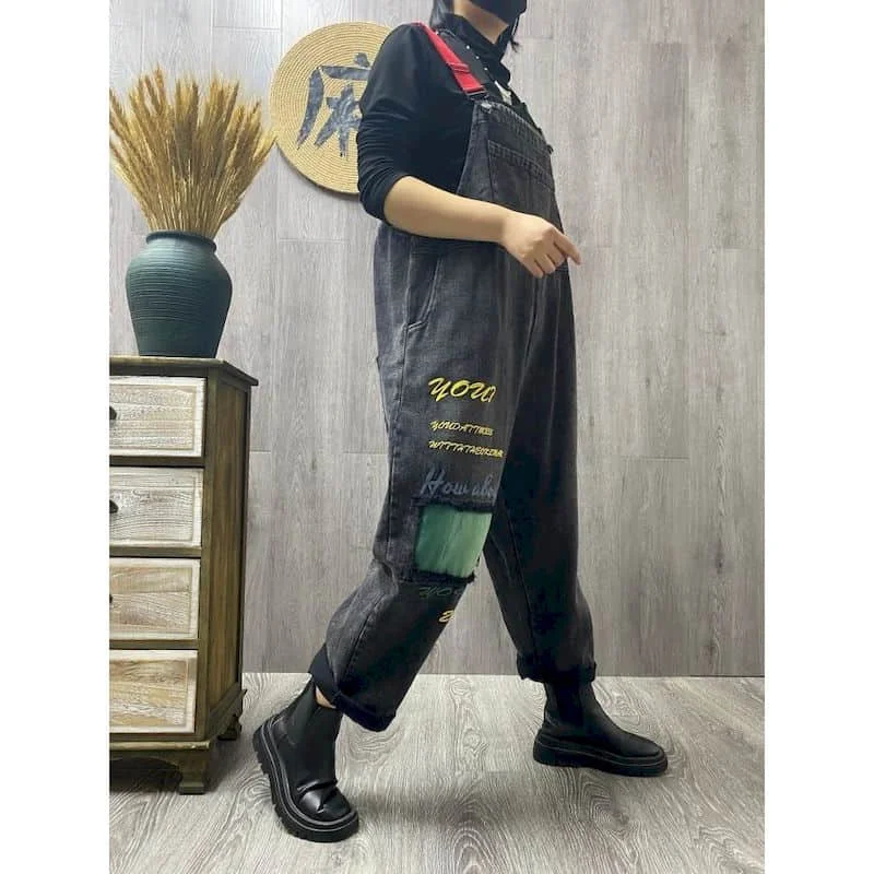 Kombinezony jeansowe z blokami kolorów, patchworkowe, jednoczęściowe stroje, damskie rampersy, luźne, w stylu koreańskim, casualowe, vintage, kombinezony damskie, odzież damska. — zdjęcie 4