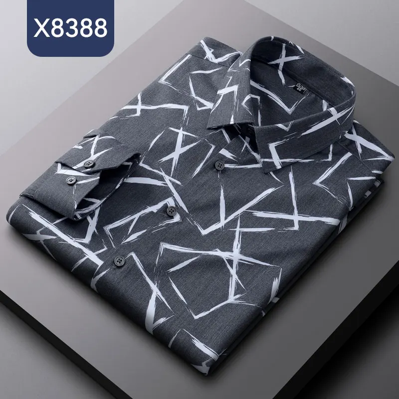 New in shirt long-sleeve shirts for men Casual Print slim fit plain shirt elastic tends retro tops elegants designer clothes