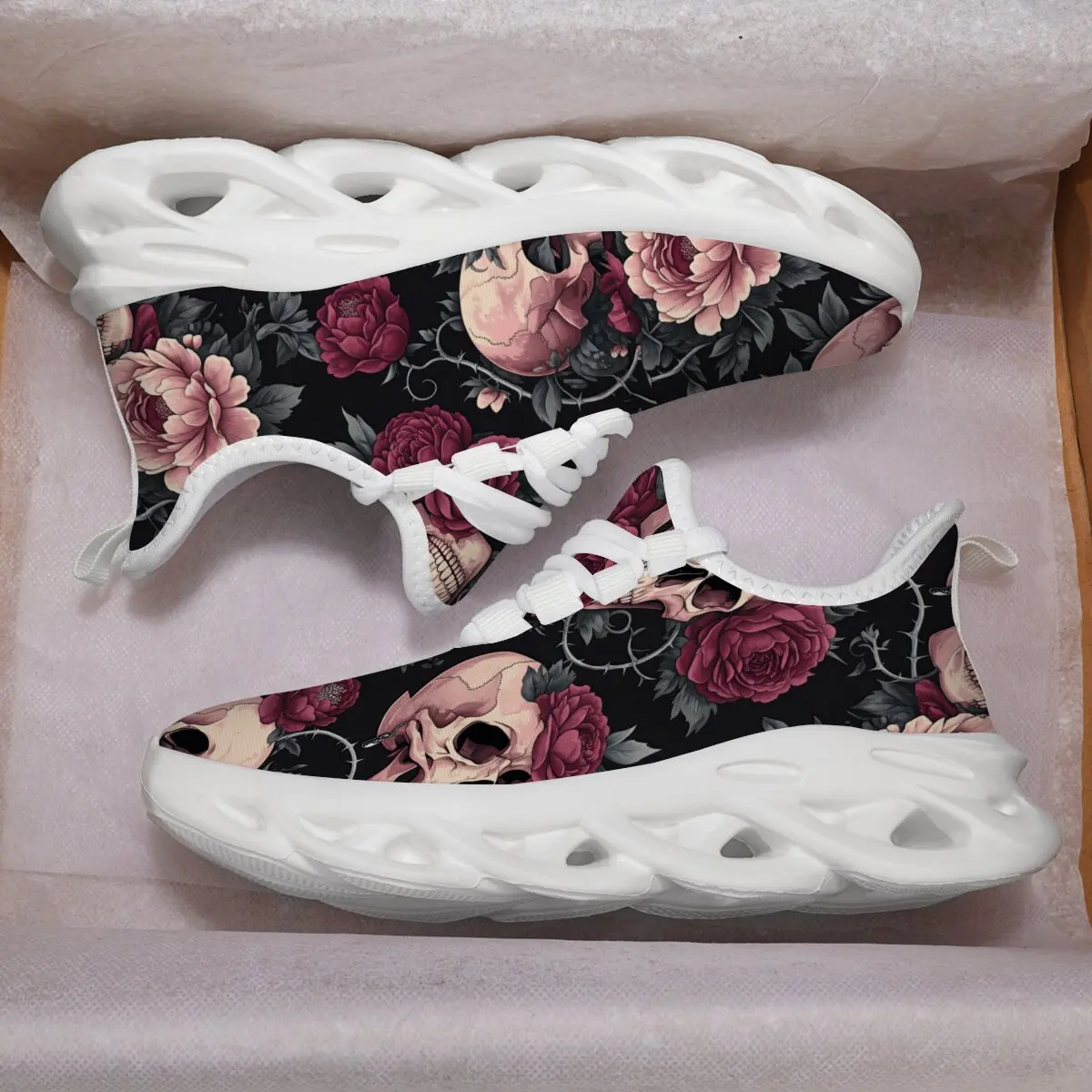 

Floral Skull Print Black White Sports Shoes Children's Sports Shoes for Boys Fashionable Breathable Chunky Sneakers for Kids