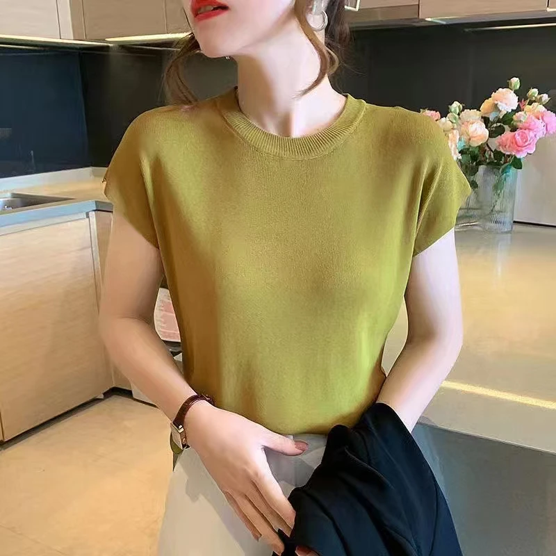 

Fashion Short Sleeve Knitted Sweater Women Pullovers O-Neck Black Knit Sweater Pullover Women Tops Women Clothing Sweaters Q3428