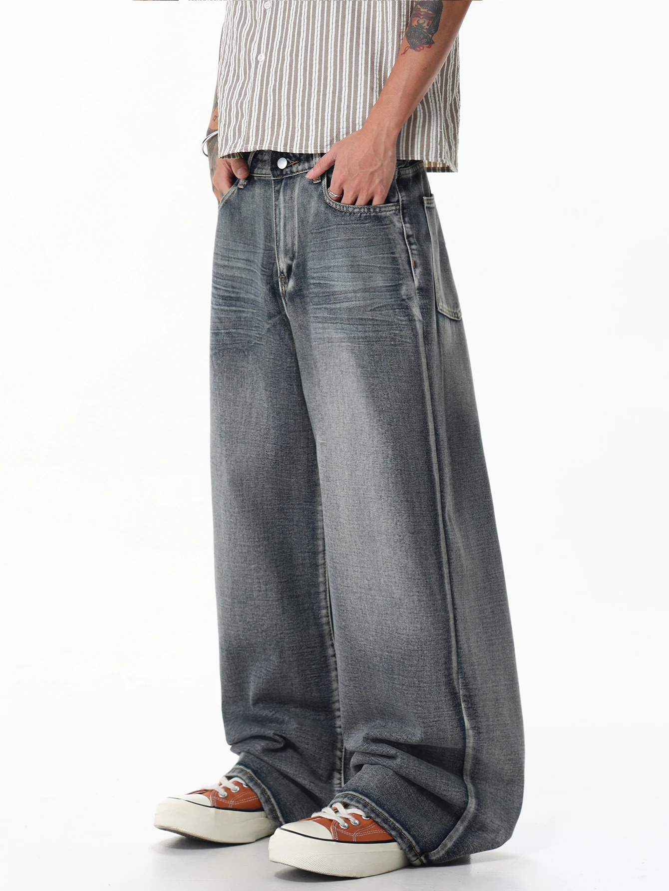 Men's Stylish Y2K Vintage Streetwear Jeans, Baggy Distressed Whiskered Denim Trousers, Versatile Casual Long Pants, All Seasons