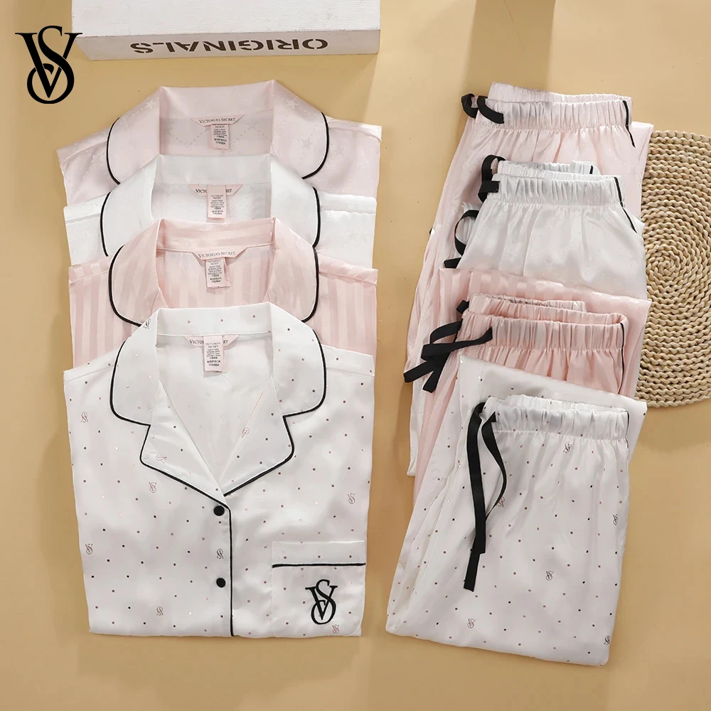 Victoria's Secret Soft Breathable Button Down Pyjama Suit Womens Silk Satin Pajamas Set Short Sleeve Shorts Sleepwear Loungewear