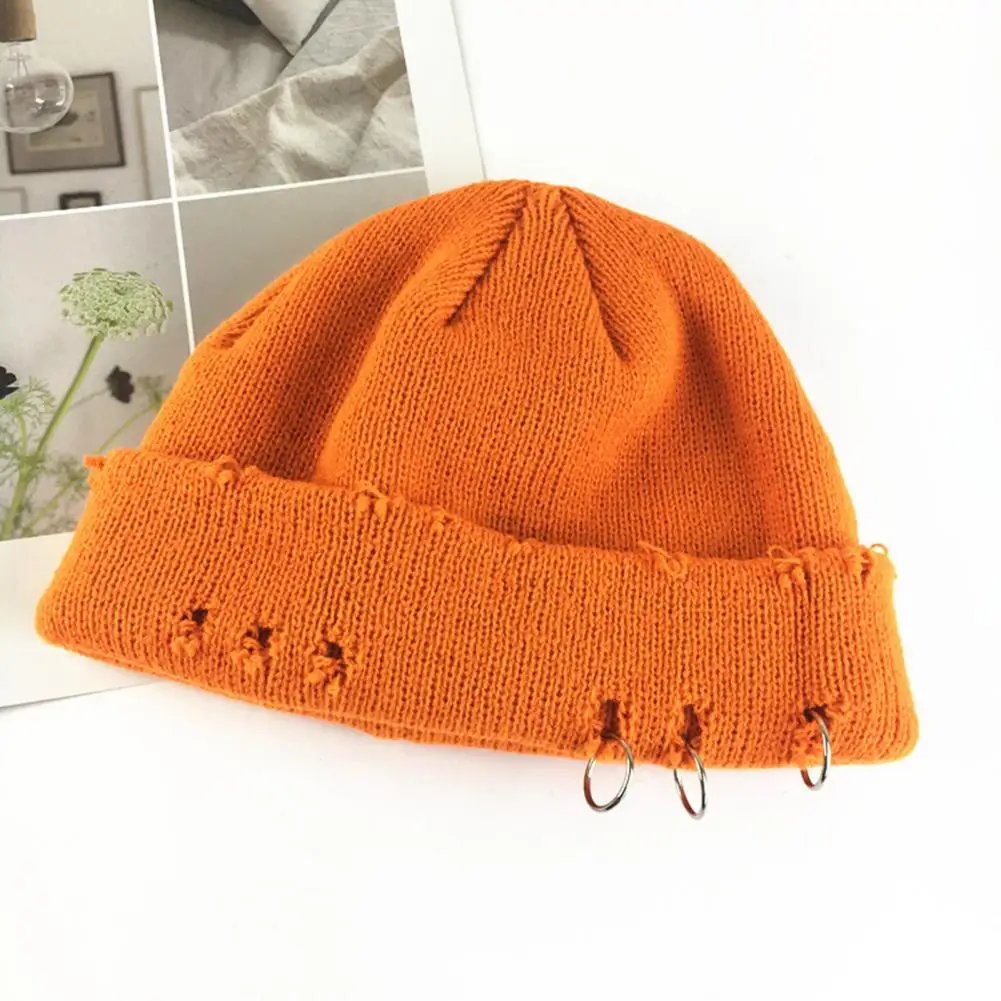 Acrylic  Practical Autumn Winter Hole Knitted Cap with Ring Decor Comfortable Winter Hat Non-Fading   for Travel