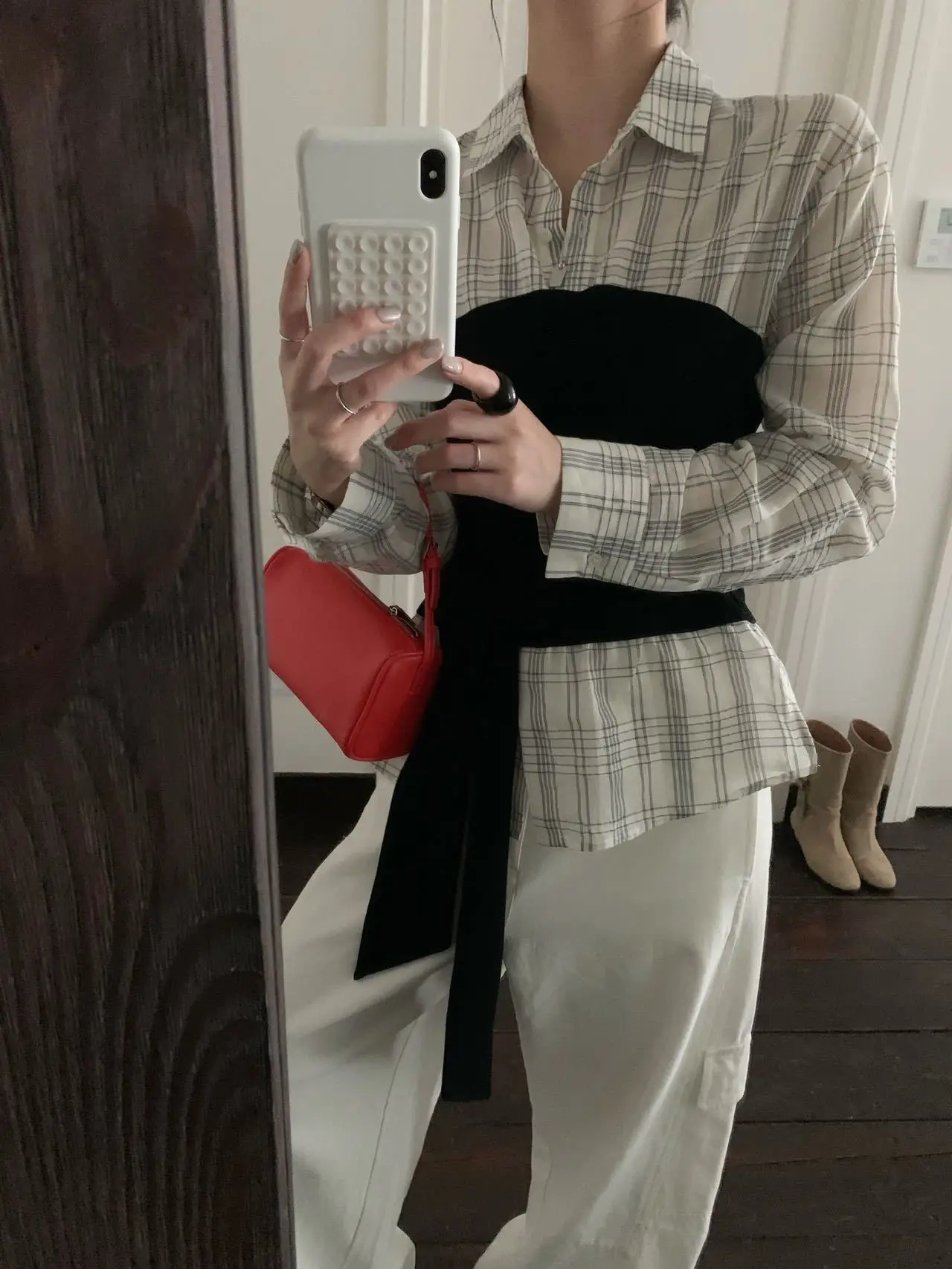 

Женская рубашка Lilian TE в корейском стиле с завышенной талией, повседневная, в клетку, для офиса, с обычным рукавом, длинным воротником, на пуговицах