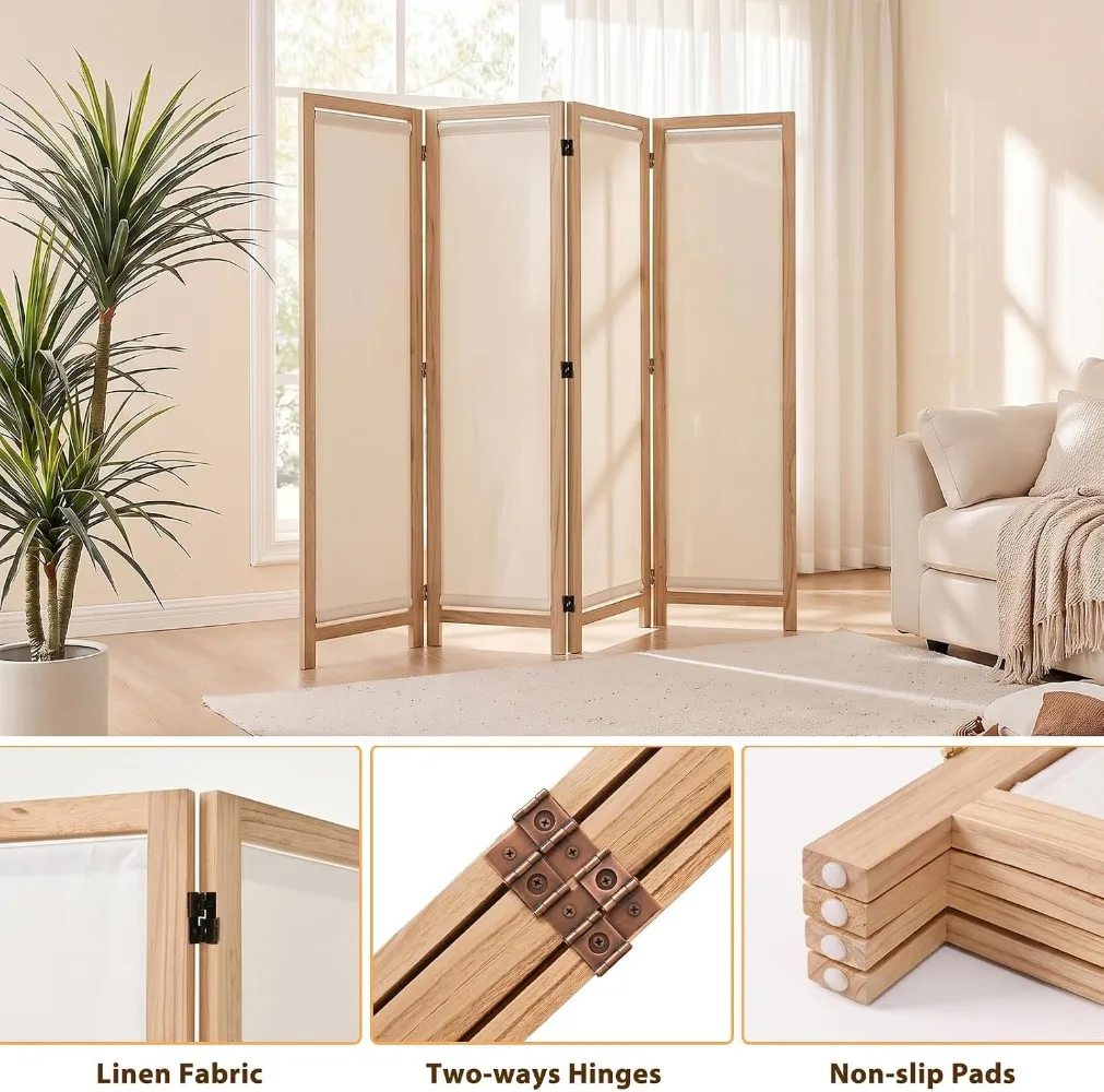 Wood Room Divider Panel with Linen Fabric, Boho Folding Privacy Screen 67
