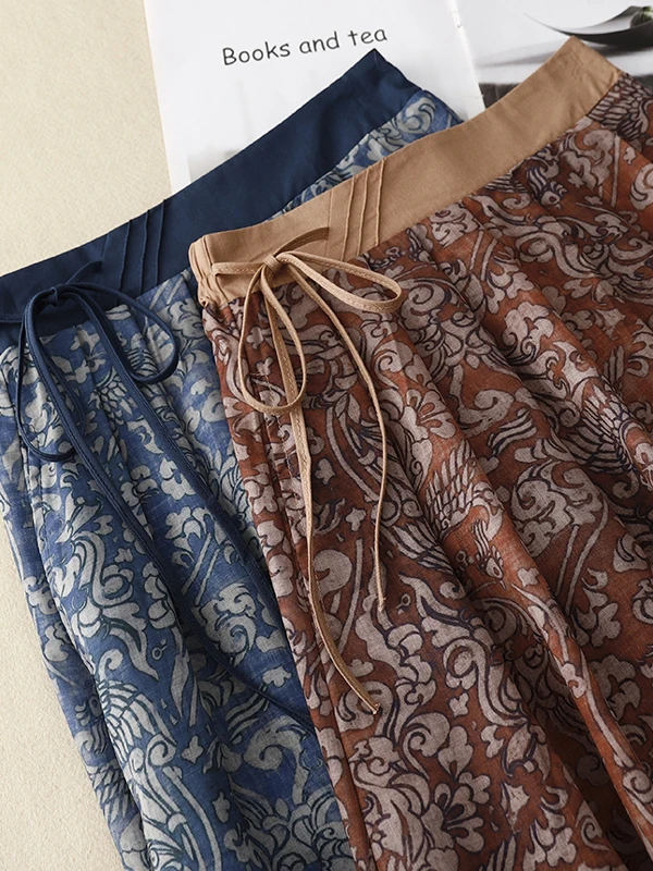 

Юбка из конопли в стиле ретро с цветочным принтом, женская двухслойная льняная юбка трапециевидной формы с высокой талией, свободная летняя тонкая юбка с поясом