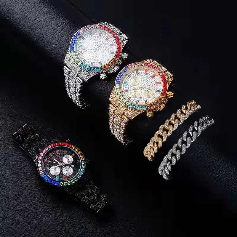 Necklace Bracelet Rapper Hip Hop Miami Cuban Chain Iced Out Paved Dubai Jewelry Sets for Mens Women Gold Watch Colorful Gift