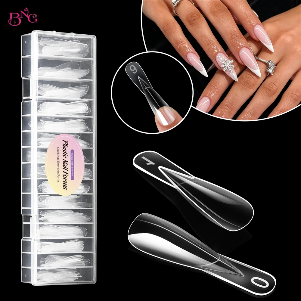 BNG 150PCS Nail Dual Forms 15 Sizes Stiletto Nail Extension Molds Clear Nail Upper Forms for Poly Builder Gel Manicure Tools