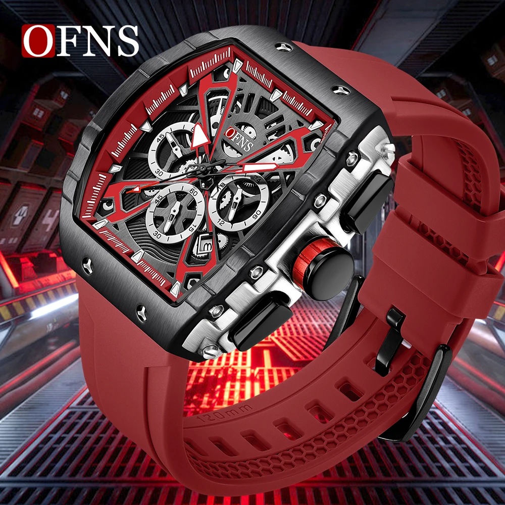 OFNS 8030 Fashion Men's Quartz Watch Wine Barrel Type Three Eye Six Needle Multifunctional Quartz Watch Calendar Men's Watch